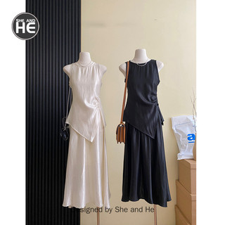 Mới Phong Cách Trung Hoa Zen Cảm Giác Satin Phù Hợp Với Váy Nữ Mùa Hè Người Nổi Tiếng Phong Cách Không Đều Áo Không Tay + Váy Bộ Đồ Hai Mảnh