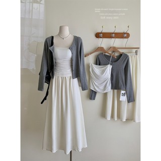 Bộ đồ thường ngày Áo yếm + Áo Cardigan dài tay màu xám dành cho nữ + Váy xếp ly Váy dài Bộ đồ hai mảnh