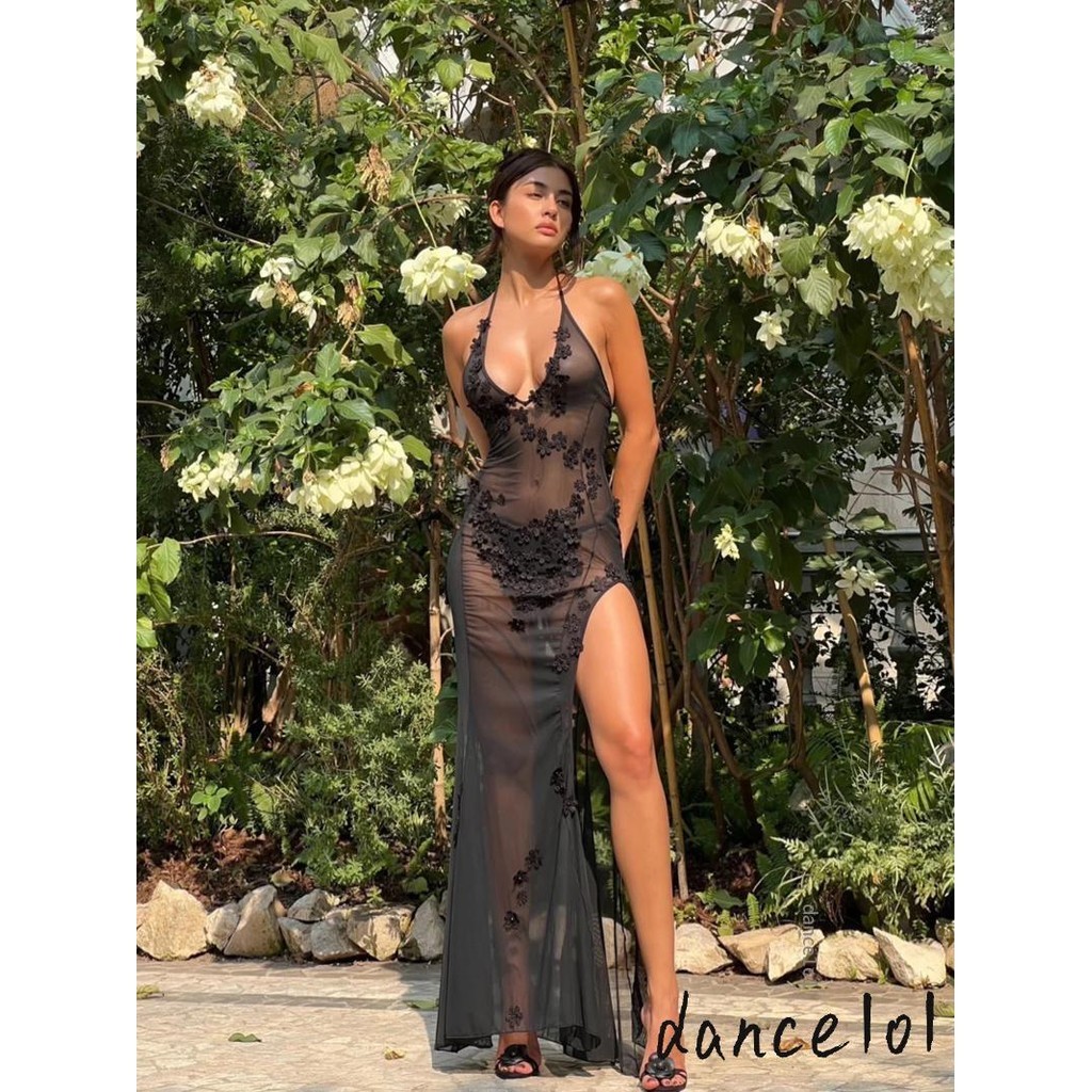 Dance1o1-nữ Sheer Không Tay Dây Đầm Lưng Hoa Dài