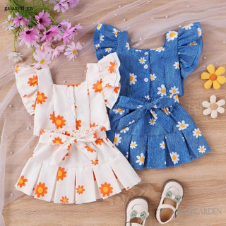 Baga-3-24 Tháng Tuổi Bé Gái Trang Phục 2 Món Hoa Ruffle Nút Trước Áo Và Váy Xếp Ly Có Thắt Lưng Bộ Quần Áo Mùa Hè Cho Trẻ Sơ Sinh