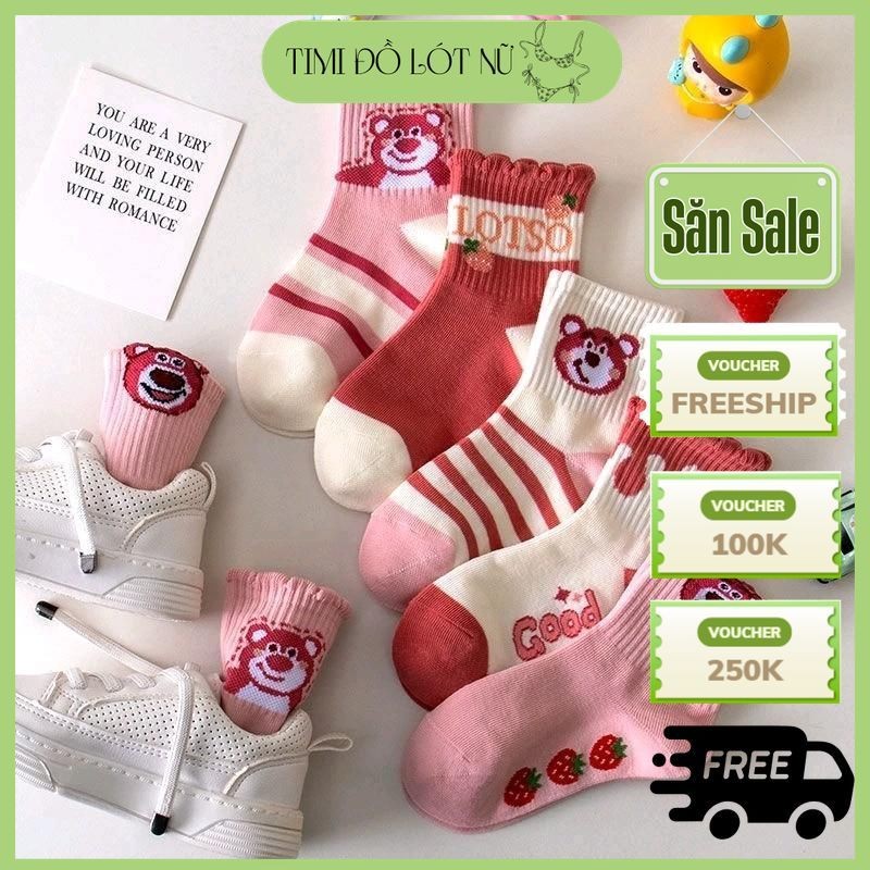 Combo 5-10 đôi tất trẻ em siêu đẹp họa tiết gấu dâu lotso cho bé 1 đến 10 tuổi cực dễ thương