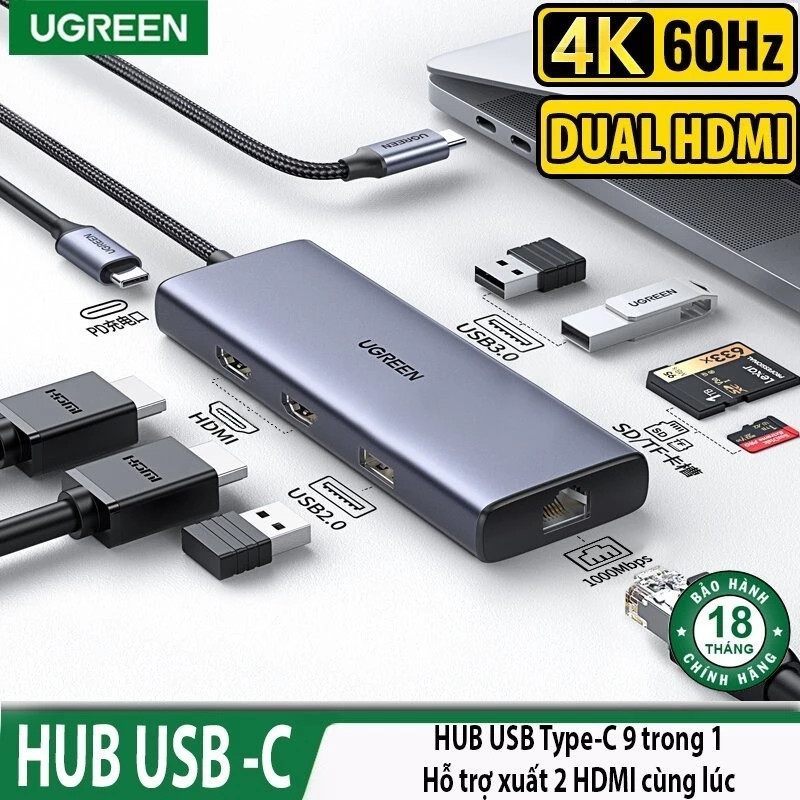[Hot]Hub Usb Type-C 2 cổng HDMI 9in1 4K@60Hz Ugreen 90119 Dual HDMI USB 3.2/SD/TF/Lan 1Gbs cao cấp C