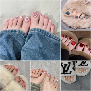 [24 CÁI] Móng tay ngón chân có keo dán Thời trang vuông ngắn Full Cover Móng chân giả Móng tay giả kiểu Pháp