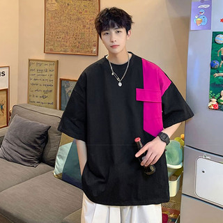 Live GREA Áo thun nam đường phố Mỹ màu tương phản khâu hàng đầu dáng rộng cổ tròn phù hợp hàng ngày tay ngắn