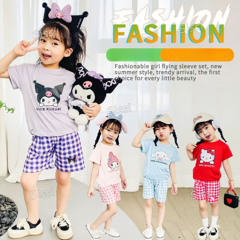 Bộ đồ ngủ Kuromi dễ thương cho bé gái Hoạt hình in hình Kuromi Melody Cinnamoroll Bộ quần áo Terno cho bé gái Váy ngủ trẻ em Đồ ngủ trẻ em Áo thun Ootd Kuromi Pyjama + quần short Trang phục