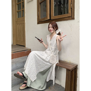 Bộ đồ hai mảnh!Phong cách Hàn Quốc ~ Đầm nhiều lớp cổ chữ V thêu ren Thiết kế không tay Bộ đồ váy dài