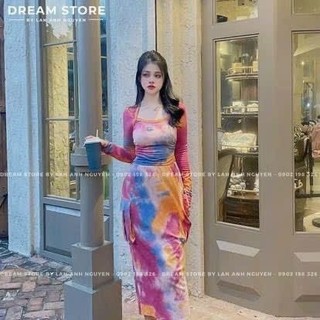 Đầm Gân Tăm Lạnh Cố Thuyền Tay Dài Chiết Eo Form Dài Ôm Body Phối Họa Tiết Thiết Kế Quyến Rũ