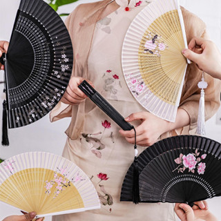 [Hàng mới về] Quạt gấp bằng vải lụa một mặt Quạt gấp cổ điển cho bé gái Hanfu sườn xám Quạt vải nhảy múa Quạt gấp tua rua cổ