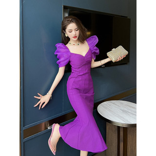 Đầm cổ chữ V màu tím cổ chữ V cổ điển kiểu Pháp Phong cách mới Thanh lịch Tính khí tay phồng Slim-fit Đuôi cá trượt tuyết dài 20503