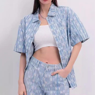 Mlb full in jacquard thêu denim denim áo sơ mi tay ngắn zhang linghe ngôi sao cùng phong cách cặp đôi áo khoác denim