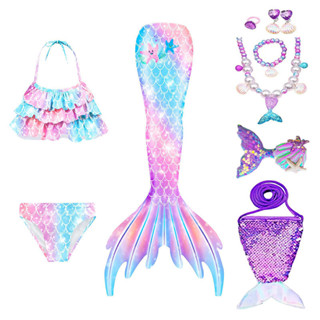 [6 Cái / bộ] Trang phục nàng tiên cá cho bé gái Đồ bơi trẻ em Bộ đồ bơi Bikini cho bé gái Đuôi nàng tiên cá + Áo ngực + Quần lót + Vòng cổ + Kẹp tóc + Túi