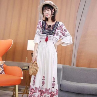 Phong Cách Dân Tộc Cotton Lụa Cao Cấp Thêu Chữ A Đầm Phong Cách Bohemian Cổ Tròn 3 / 4 Tay Áo Đi Biển Vintage Nghệ Thuật Xù Dài Cho Du Lịch / Kỳ Nghỉ LLTT