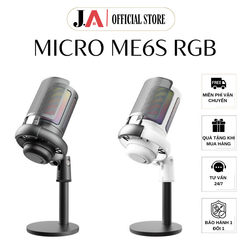 Micro Thu Âm Để Bàn Me6s Dùng Lọc Tạp Âm Cho Livestream Led RGB, Mic Thu Âm Để Bàn Học Online J.A OF