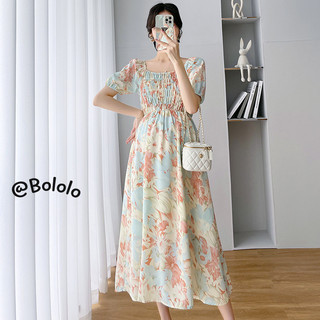 Đầm bà bầu Bololo In màu Váy dài bà bầu tay ngắn