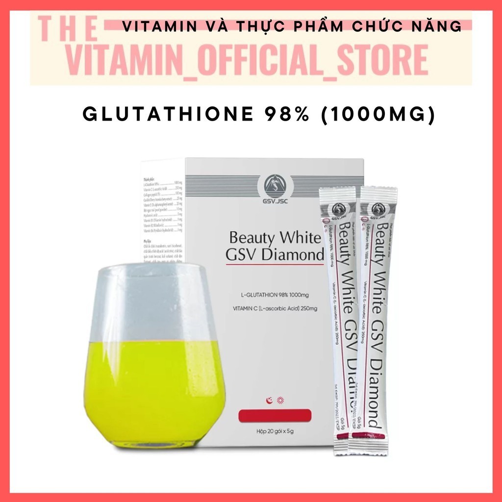 Beauty White GSV Díamond Glutathione 98% 1000mg + Collagen peptid Cốm sủi hỗ trợ trắng da, chống lão