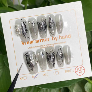 Handmade Mặc Móng Tay Ngọt Ngào Nóng Cô Gái Bướm Cọc Kim Cương Giả Cao Cấp Tính Khí Trắng Đậm Retro Có Thể Tháo Rời Móng Tay Giả