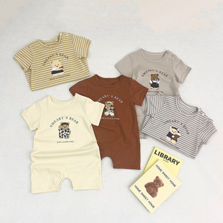 2024 Phong Cách Mới Cho Bé Jumpsuit Mùa Hè Jumpsuit Tay Ngắn Phong Cách Mỏng Mở Nút Hoạt Hình Họa Tiết Gấu Sơ Sinh Áo Liền Quần Bé Dễ Thương