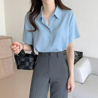 Áo sơ mi voan dáng rộng tay ngắn mùa hè phong cách đơn giản dành cho nữ