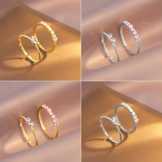 Ahellogirl 2 Cái / bộ Nhẫn Trái Tim Zircon Vàng Thanh Lịch Mở Bạc Nhẫn Có Thể Điều Chỉnh Cho Nữ Phụ Kiện Trang Sức