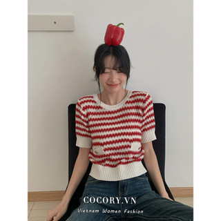 Cocorygirl Quần áo nữ Hàn Quốc Cổ tròn phối kim áo xếp nếp