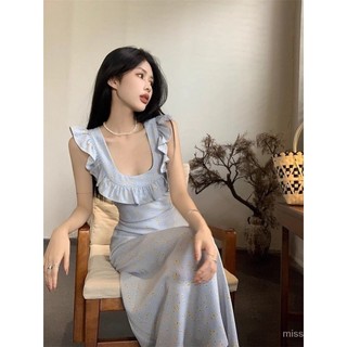 Halter Không Tay Hẹp-Waist Váy Giữa Chiều Dài Nữ Xù Phối Ren Mỏng Hơn Nhìn Kỳ Nghỉ Mùa Hè Váy Hoa