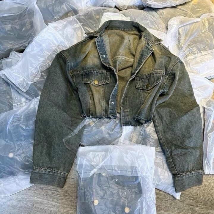Áo Khoác Jeans xanh rêu loang croptop Nữ Jacket Women