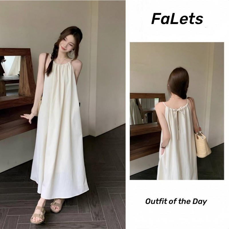 Váy 2 dây trễ vai đi biển Đầm hai dây dài bigsize nữ Trắng Đầm Sling Mùa Hè Rời Dài | BigBuy360 - bigbuy360.vn