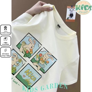 Chú thỏ dễ thương hái hoa nhật ký họa tiết hoạt hình áo thun mơ Áo thun nữ cổ tròn Áo thun cotton đa năng mới