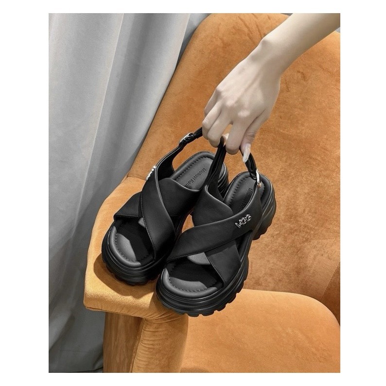 dép sadal nữ chất da mềm quai chéo đế răng cưa cao 5cm mẫu mới êm nhẹ
