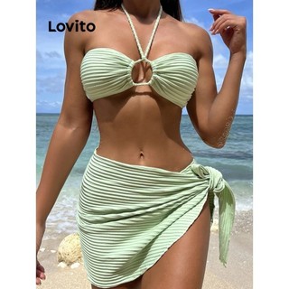 Bộ bikini Lovito 3 món trong 1 cột dây phối khoen vải jacquard màu trơn thường ngày cho nữ LNE27049 (màu hồng/xanh lá)
