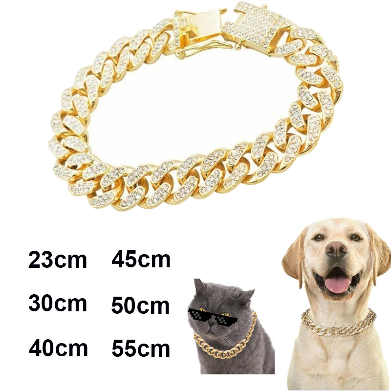 55cm Vòng Cổ Cho Chó ，vòng cổ cho mèo，xích mạ vàng cho chó mèo，Dây chuyền chó mèo đính kim cương（kim cương nhân tạo）