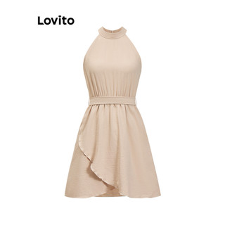 Đầm Lovito có dây buộc phía trước viền xếp nếp màu trơn phong cách thường ngày cho nữ L85AD290