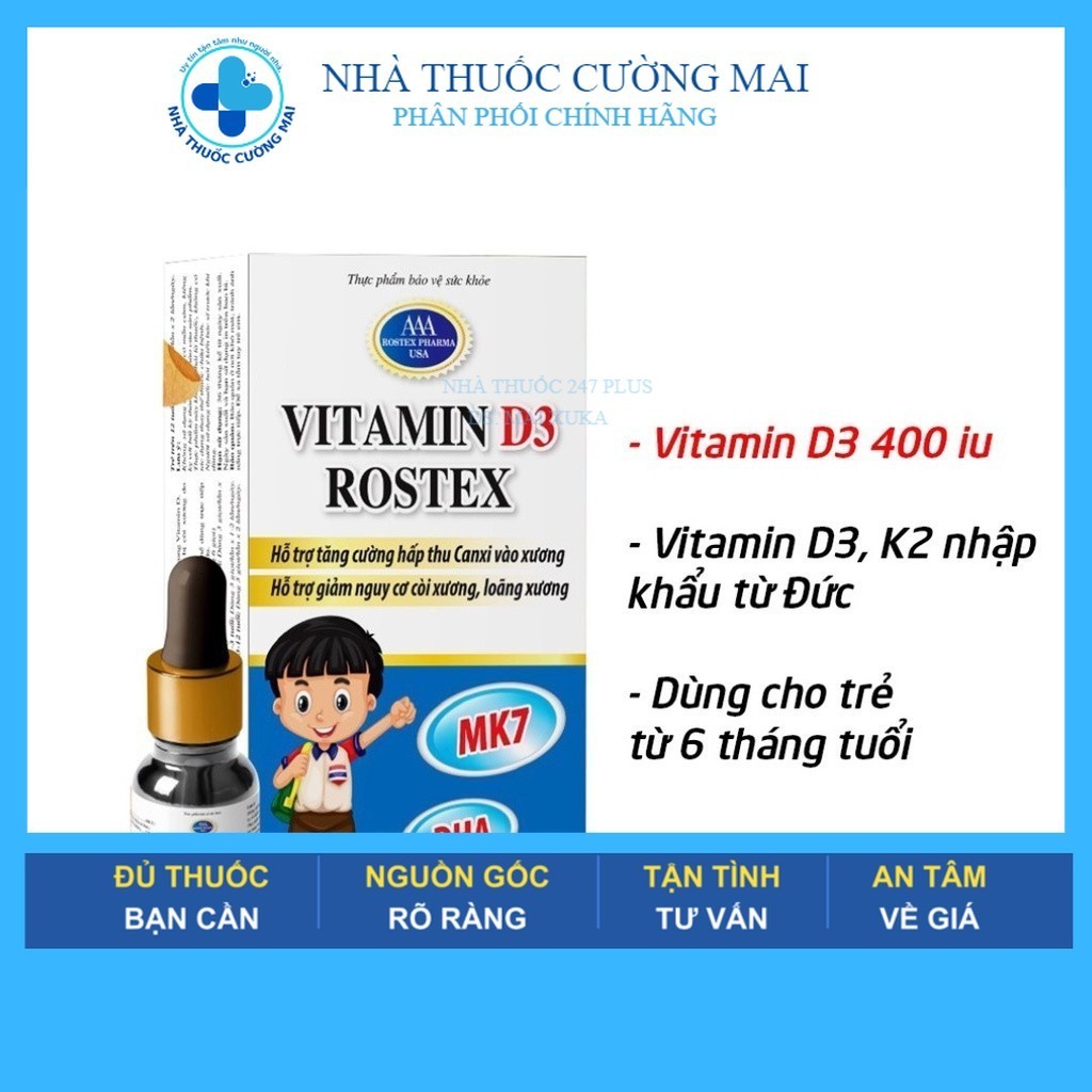 Vitamin D3 ROXTECH, Vitamin K2 MK7 tăng cường hấp thu canxi, chắc khỏe xương răng - 10ml [Vitamin D3 Rostex Xanh]