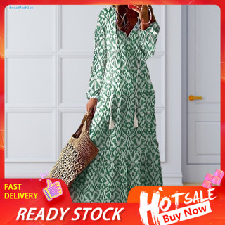[Br] Đầm chữ A có dây rút In viền váy Maxi phong cách Bohemian với trang trí tua rua và chi tiết xếp nếp Hoàn hảo cho đi biển và mặc cổ chữ V dài đến mắt cá chân