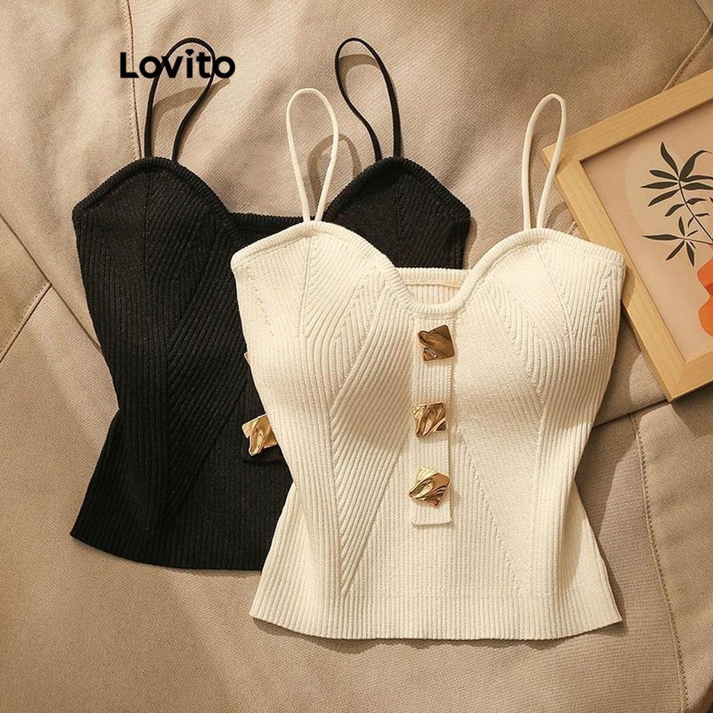 Áo hai dây Lovito có nút kim loại màu trơn phong cách thường ngày dành cho nữ LNL38050 (Trắng/Đen)