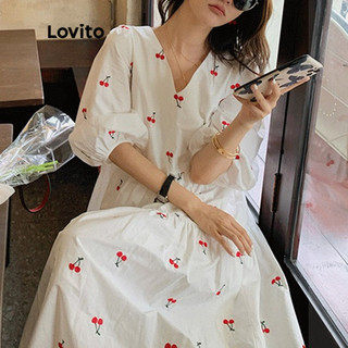 Lovito Váy giản dị họa tiết trái cây cổ chữ V tay ngắn Midi cho nữ LNA13079 (Trắng)