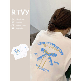 「RTVY」Áo thun Cotton ngắn tay nguyên chất in nơ mùa hè dáng rộng Áo quá khổ thông thường