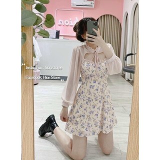 Đầm Hoa Lụa Khoét Ngực Sang Trọng Cổ Tròn Tay Dài Lưới - TTGB0188