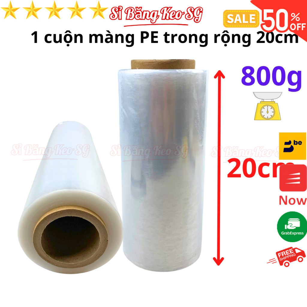 SKU44 - Cuộn Màng PE trong 20cm, nặng 800g, rộng 20cm, độ dầy màng 16 - 17 míc - Sỉ Băng Keo SG