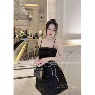 Váy Hai Dây Đính Đá Nơ Eo Xếp Li CABOXIN