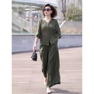 Hàng sẵn có Giao hàng ngay lập tức Bảo hành chất lượng Bộ đồ Cotton nữ 2024 Phong cách mới Mẹ cổ điển Thời trang văn học Quần ống rộng dáng rộng dáng rộng hơn Nhìn hai
