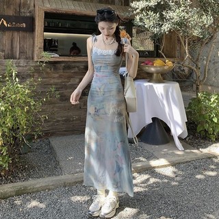 Yuewen Tea Break French Blue Sling Dress Nữ Tranh Sơn Dầu In Hình Váy Đi Biển