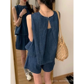 Bộ đồ Hàn Quốc, Áo Vest Denim nữ + Quần short dáng rộng Bộ hai mảnh
