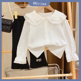 Áo sơ mi MIKRDOO tay dài cổ Peter Pan in họa tiết trái tim xinh xắn cho bé gái 1-7 tuổi