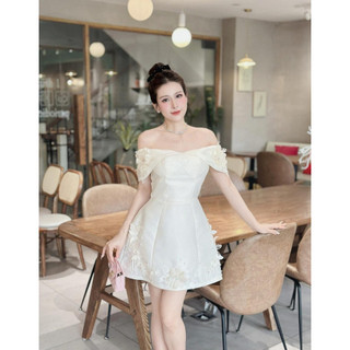 Đầm váy Tafta trễ vai 2 dây bản to phối hoa đính họa tiết thủ công đi chơi, dự tiệc