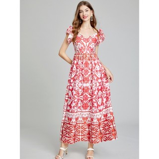 Kỳ Nghỉ Hè Đỏ Trắng Sứ Sundress Nữ Cổ Chữ V Gợi Cảm In Hoa Eo Cao Boho Đảng Dài Vestidos