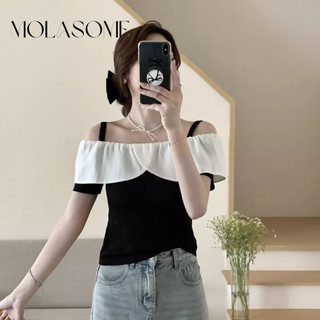 MOLASOME Nữ Thời Trang Mới Màu Sắc Tương Phản Dây Cổ Áo Thun Tay Ngắn