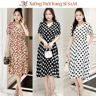 Đầm xòe hoa đính nút, cổ V, tay phồng bo chun, CÓ TÚI - GR0286.1 (Hình thật shop chụp)