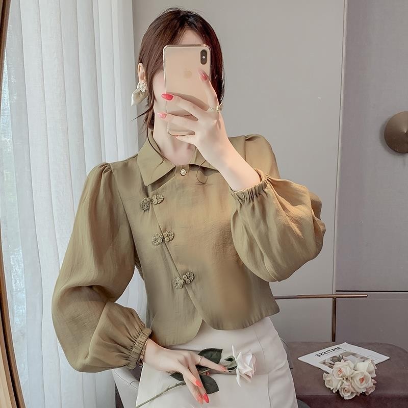 Thời Trang Retro Áo Sơ Mi Voan Nữ Xuân Thu Mới Phong Cách Quốc Gia Khóa Áo Sơ Mi Tay Dài Ve Áo Puff Tay Ngắn Top JTP0