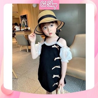Váy đen trễ vai đính nơ cho bé gái